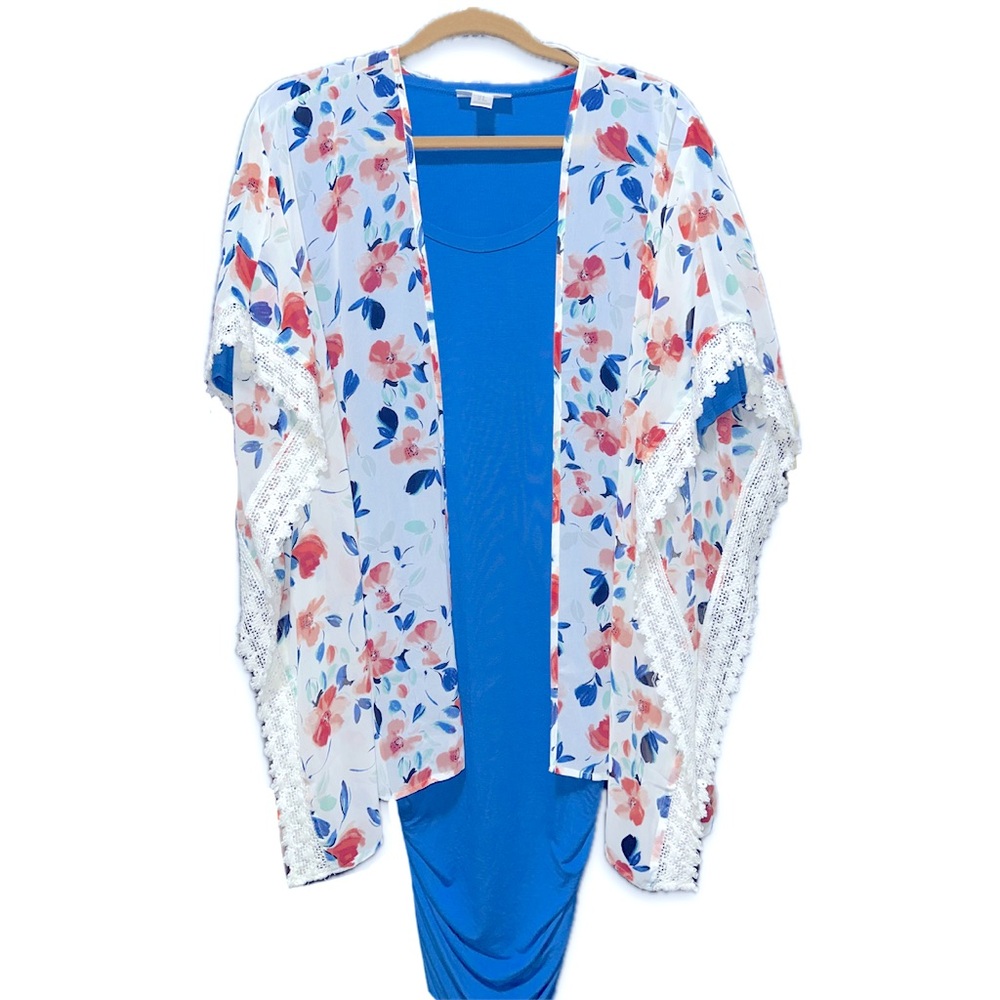 Maternity Dress in Solid Blue & White Kimono Style Coverup w/ Soft Floral Print